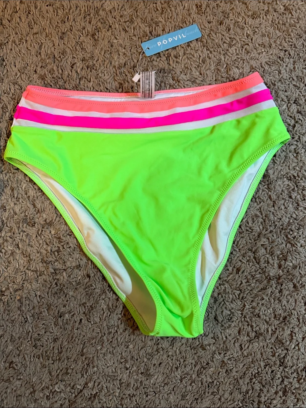 Popvil Neon Green High-Waist Bikini Bottom with Pink Stripe
